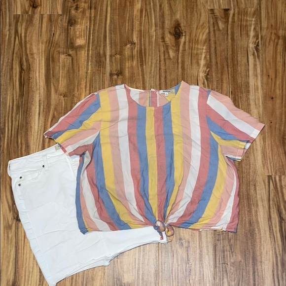 Madewell women’s large top blouse stripe pink white blue yellow short sleeve - Picture 1 of 12